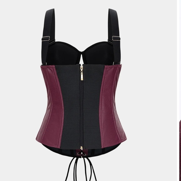 Burgundy Faux Leather Lace Up Bustier - Picture 2 of 4